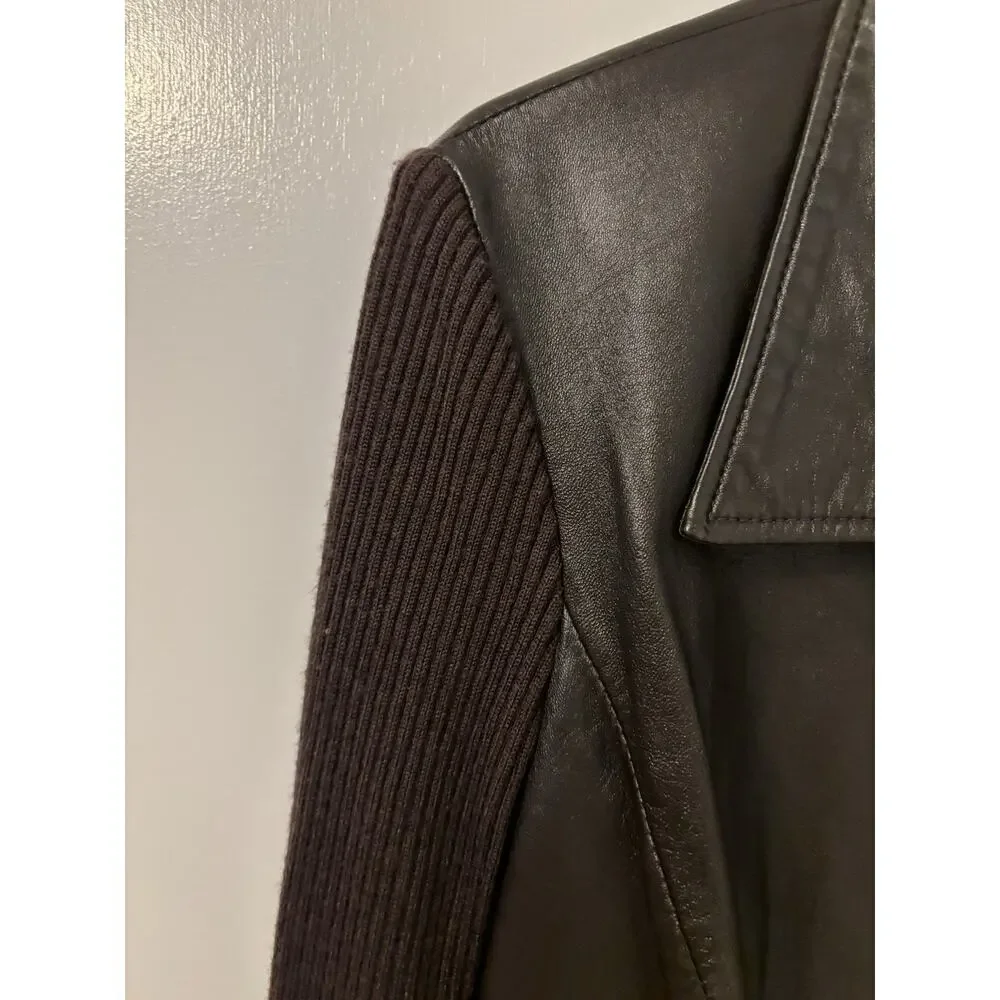 Cache Brown Leather Jacket Ribbed Knit Sleeves Boho Feminine Size L - Picture 4 of 6